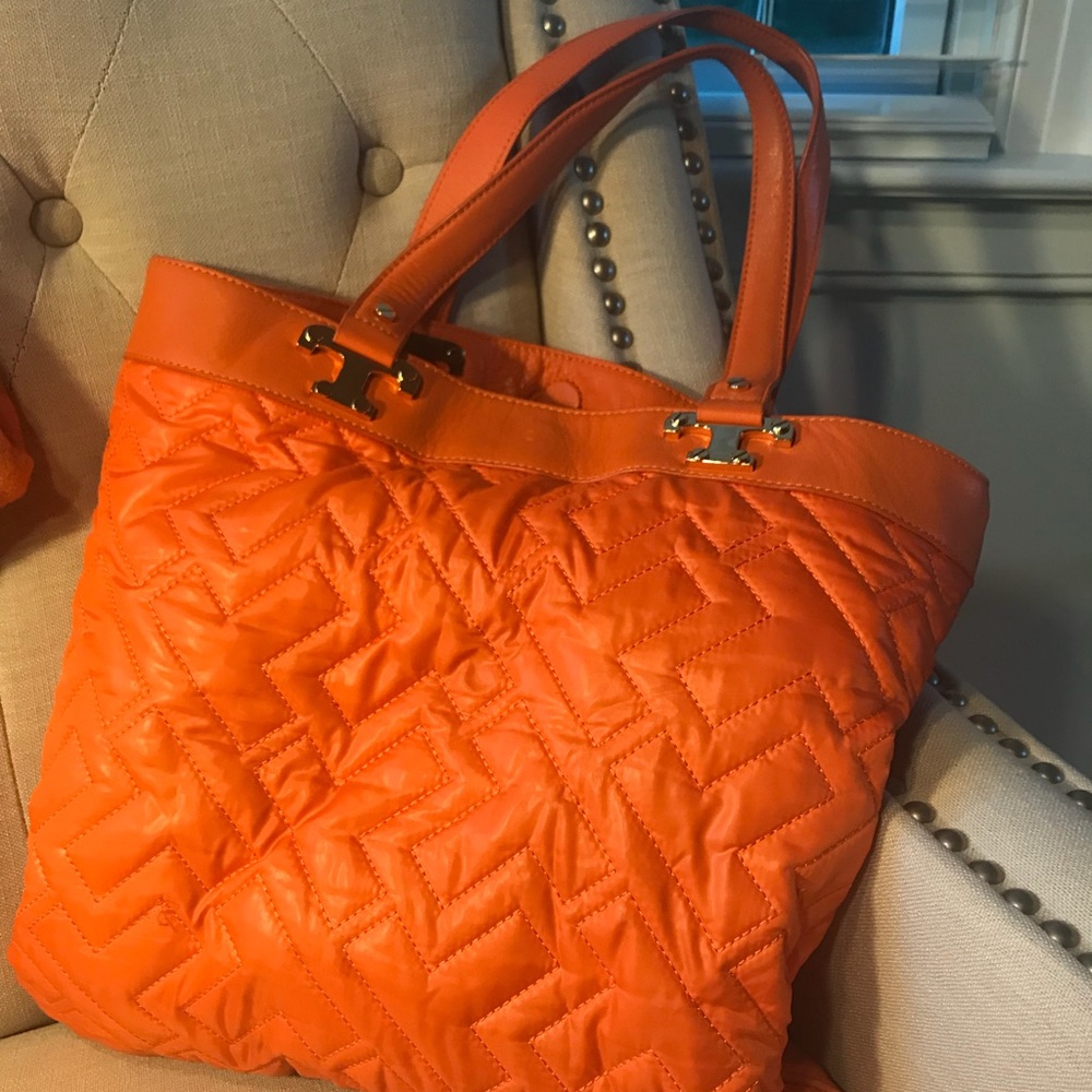 Tory Burch Tote Bag Purse Orange Shoulder Gold